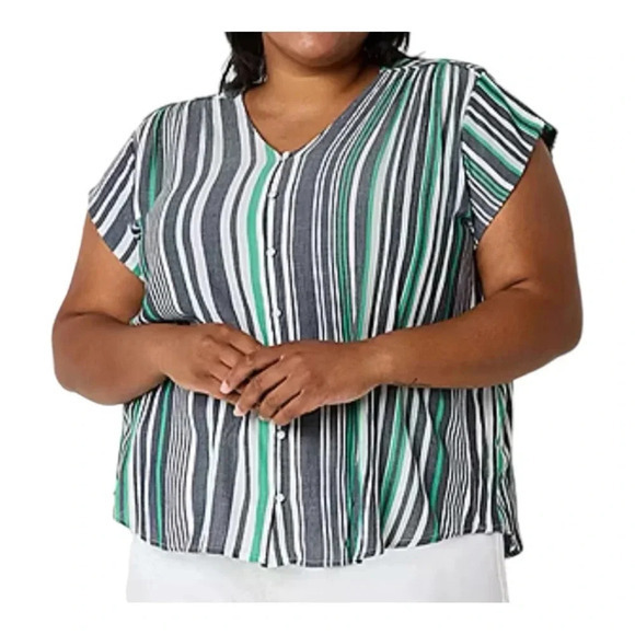 Liz Claiborne Tops - Liz Claiborne V-Neck Cap Sleeve Button Down‎ Striped Top Women Plus Size XXL